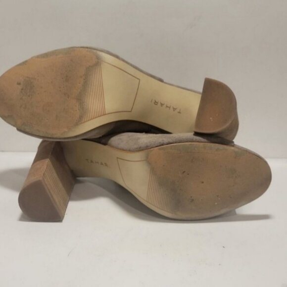 TAHARI SZ 9 Taupe 4" Block Heel Suede Cutout Detailing Open Toe Buckle Slingback - Picture 4 of 7